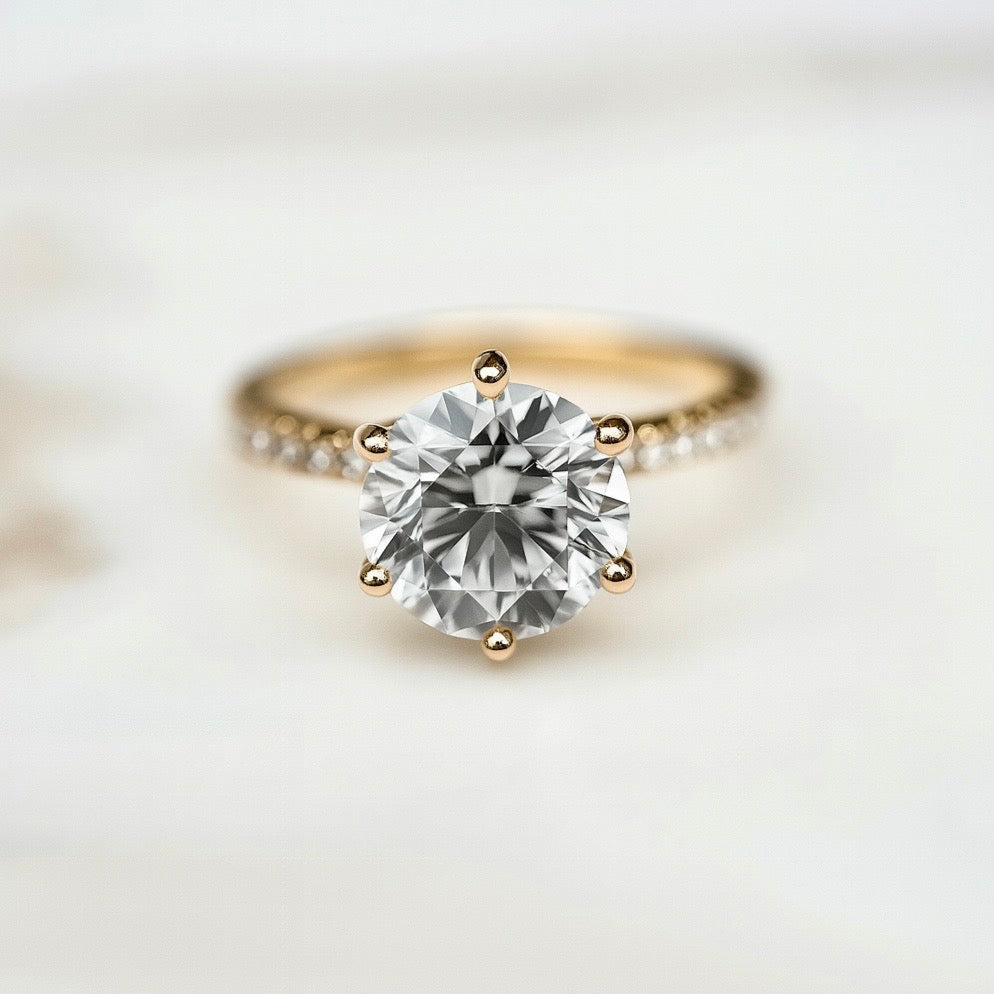 Classic Round Cut Solitaire (6 prong) with Diamond Band - 2ct+ (8.2mm+, D/E & VVS)