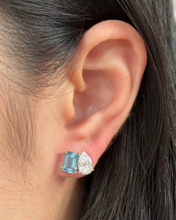 Seychelles Natural Santa Maria Aquamarine and Lab Diamond Toi Et Moi Yellow Gold Earrings