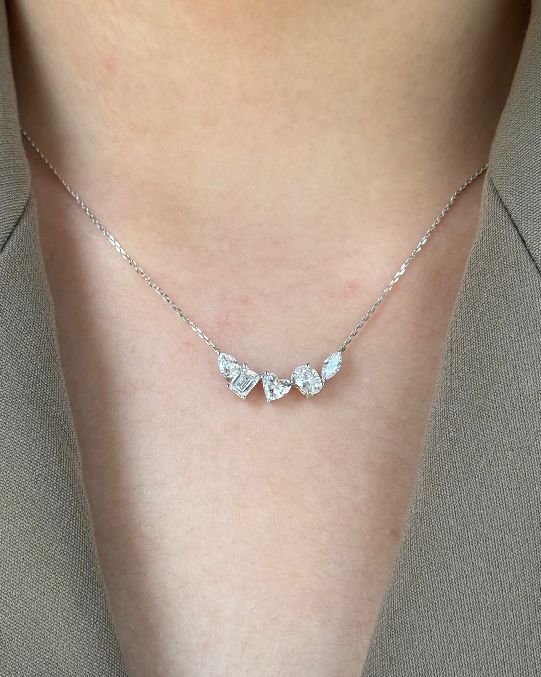 5 Stones Heart and Mixed Fancy cut Diamond Pendant Necklace