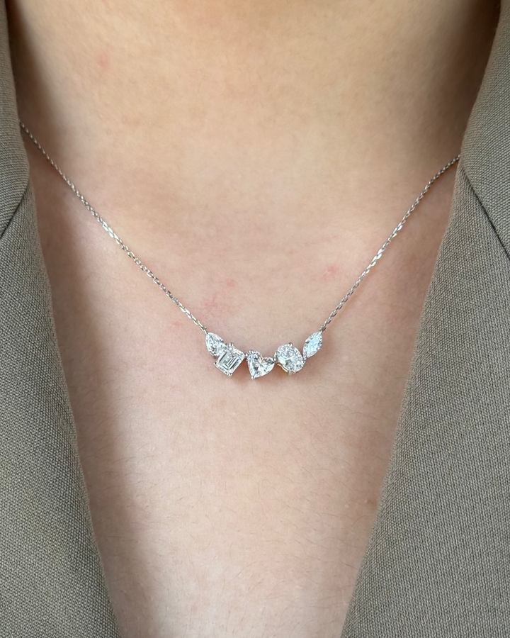 5 Stones Heart and Mixed Fancy cut Diamond Pendant Necklace