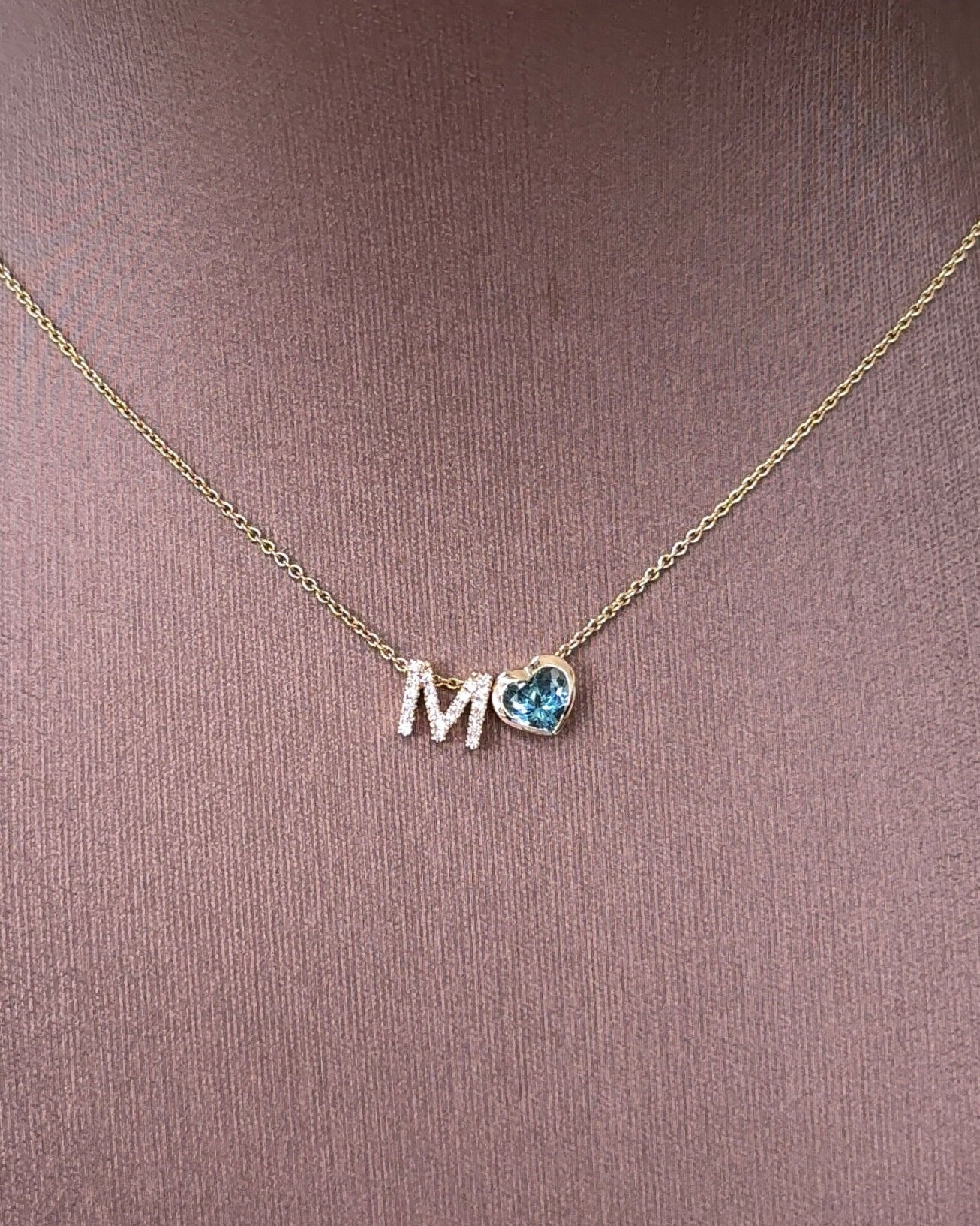 70 pointer Heart cut Natural Santa Maria Aquamarine Bezel with M Alphabet Pendant Necklace