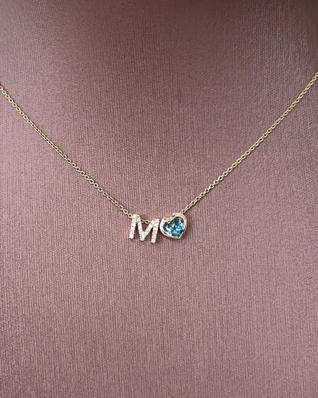 70 pointer Heart cut Natural Santa Maria Aquamarine Bezel with M Alphabet Pendant Necklace