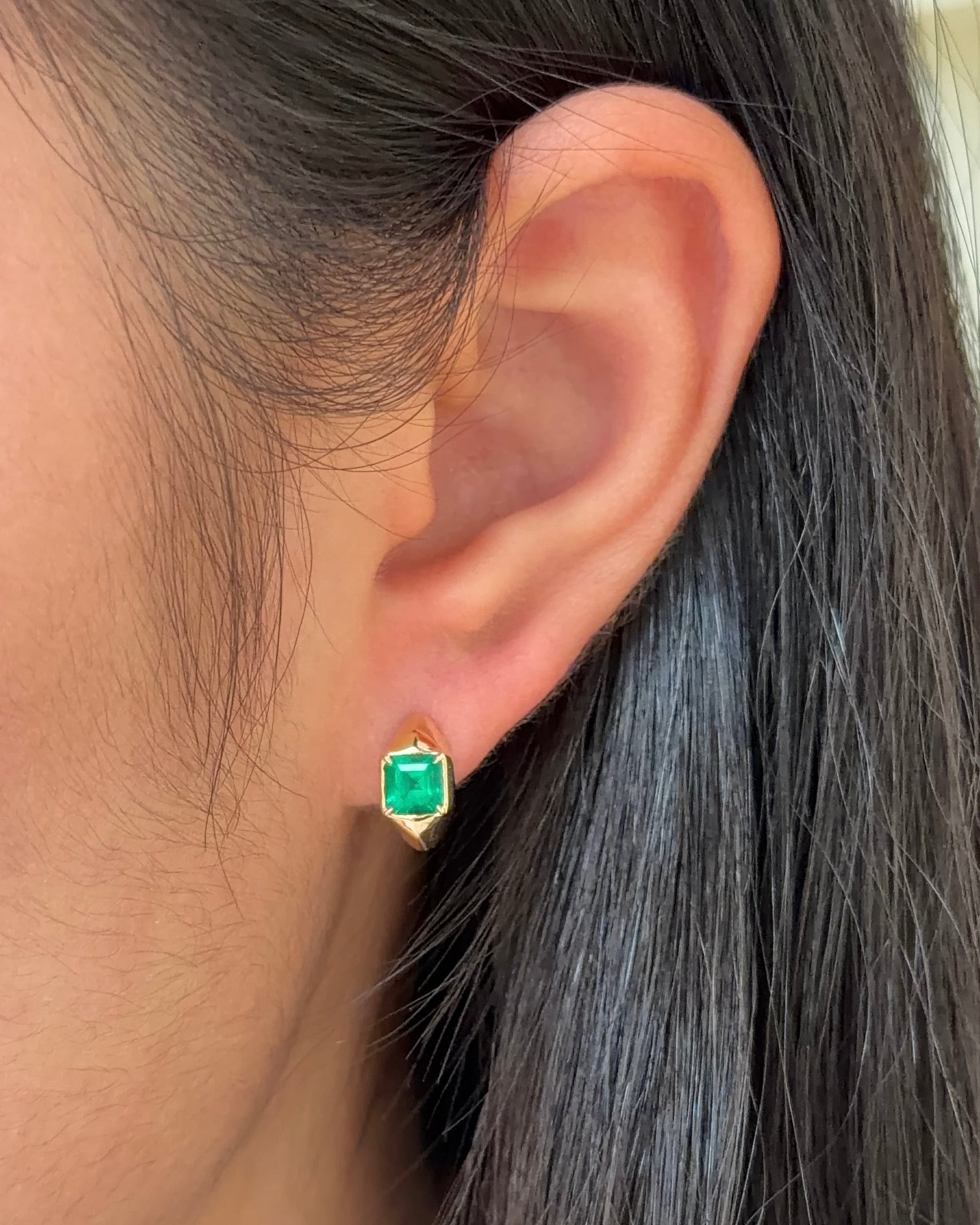 40 Pointer Asscher cut Natural Emerald Bezel XL Huggies Earrings