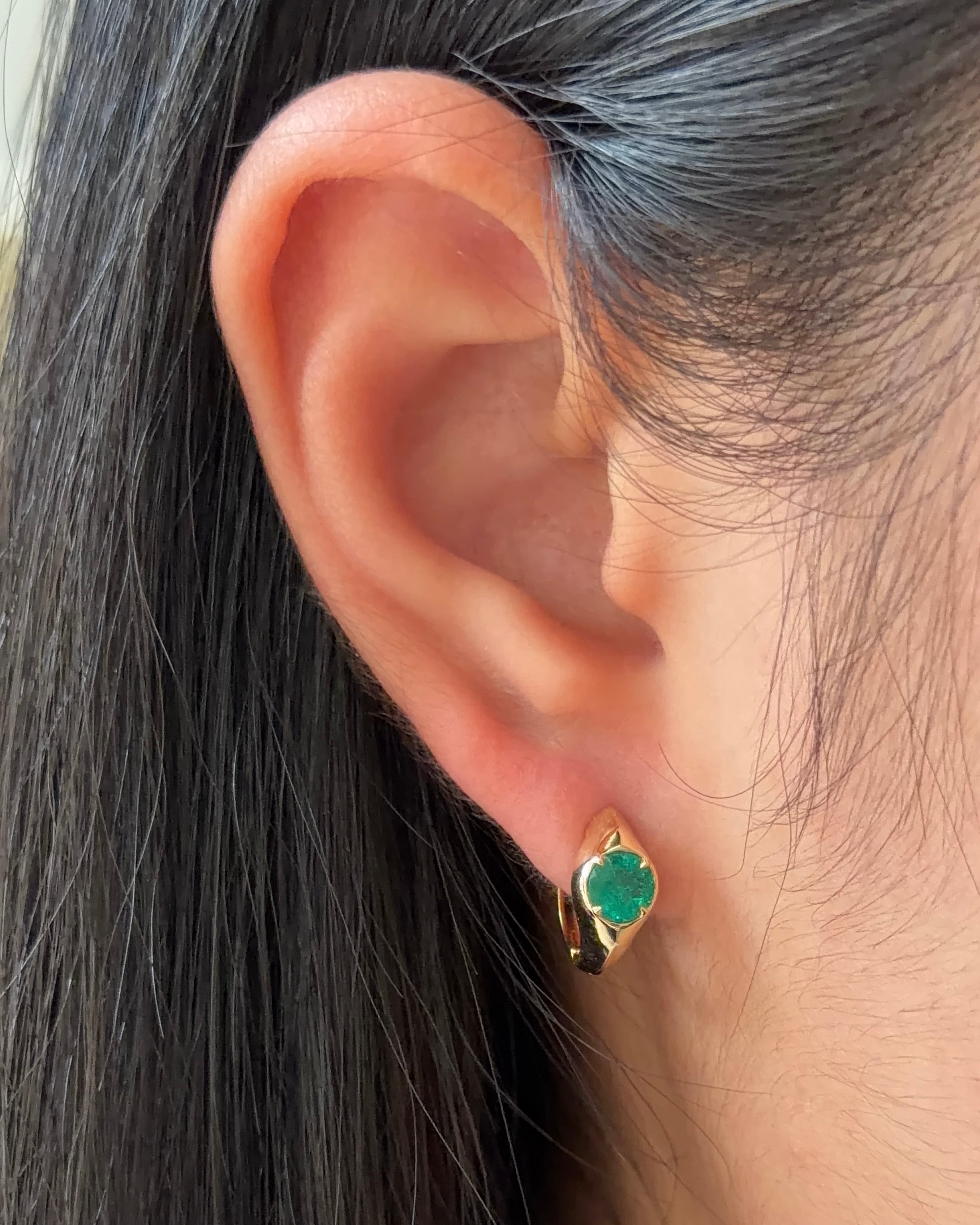 40 Pointer Round cut Natural Emerald Bezel XL Huggies Earrings