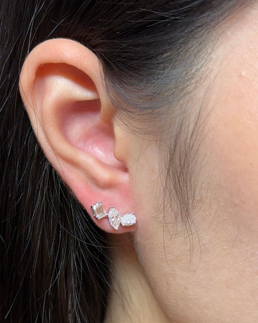 30 Pointer Three Stones Mixed Fancy Diamond Climber Earrings