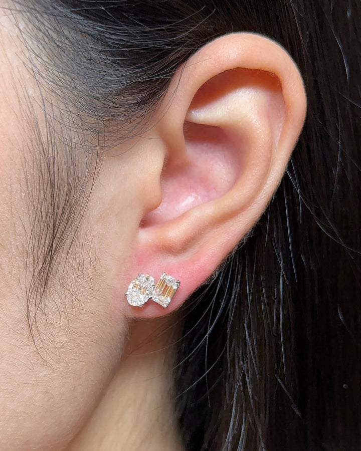 Oval and Emerald cut Diamond Earrings