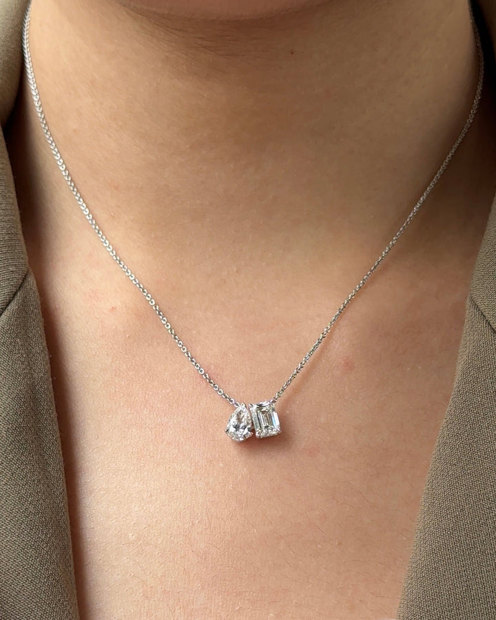 50 Pointer Pear cut and 1 carats Emerald cut  Diamond Toi Et Moi cut Pendant Necklace