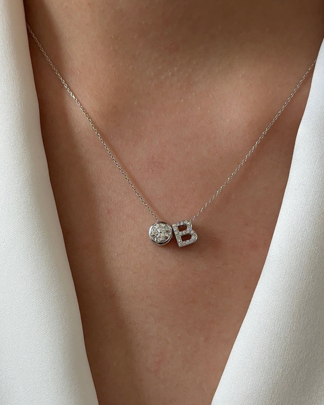 50 Pointer Round cut Diamond White Gold Bezel with B Alphabet Diamond Pendant Necklace