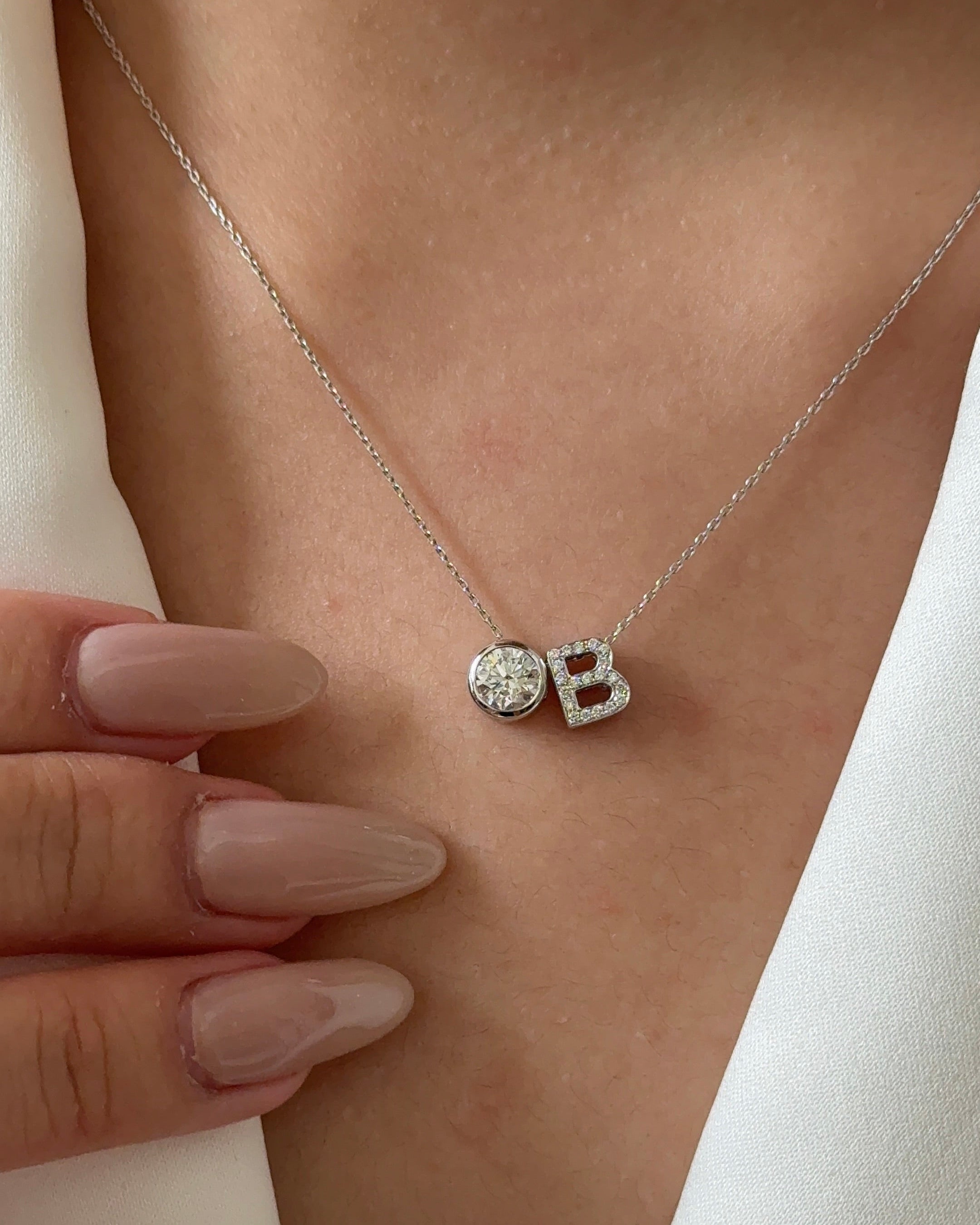 50 Pointer Round cut Diamond White Gold Bezel with B Alphabet Diamond Pendant Necklace