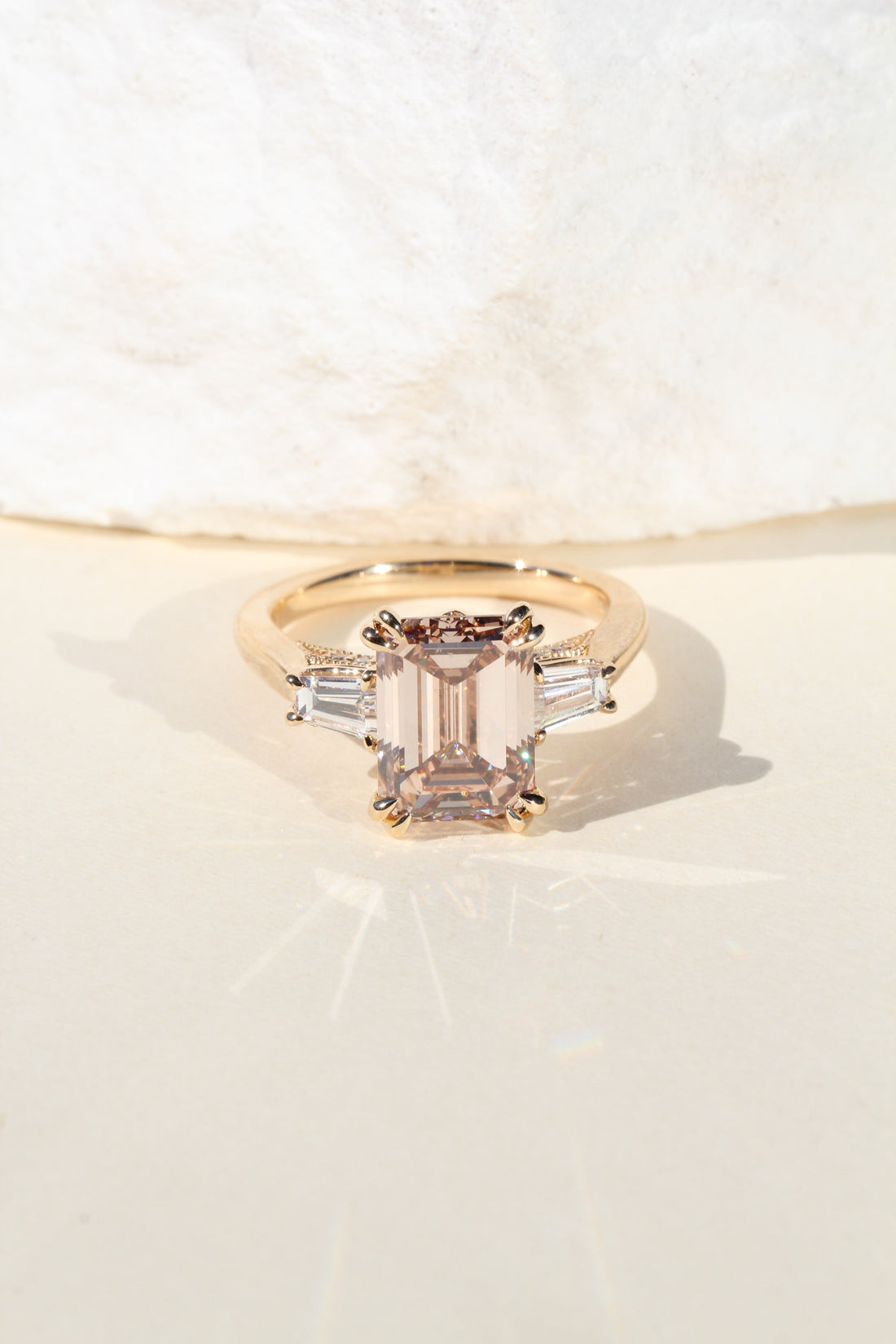 3.64 Champagne Emerald Cut Lab Diamond Vintage Amsterdam 3 Stone