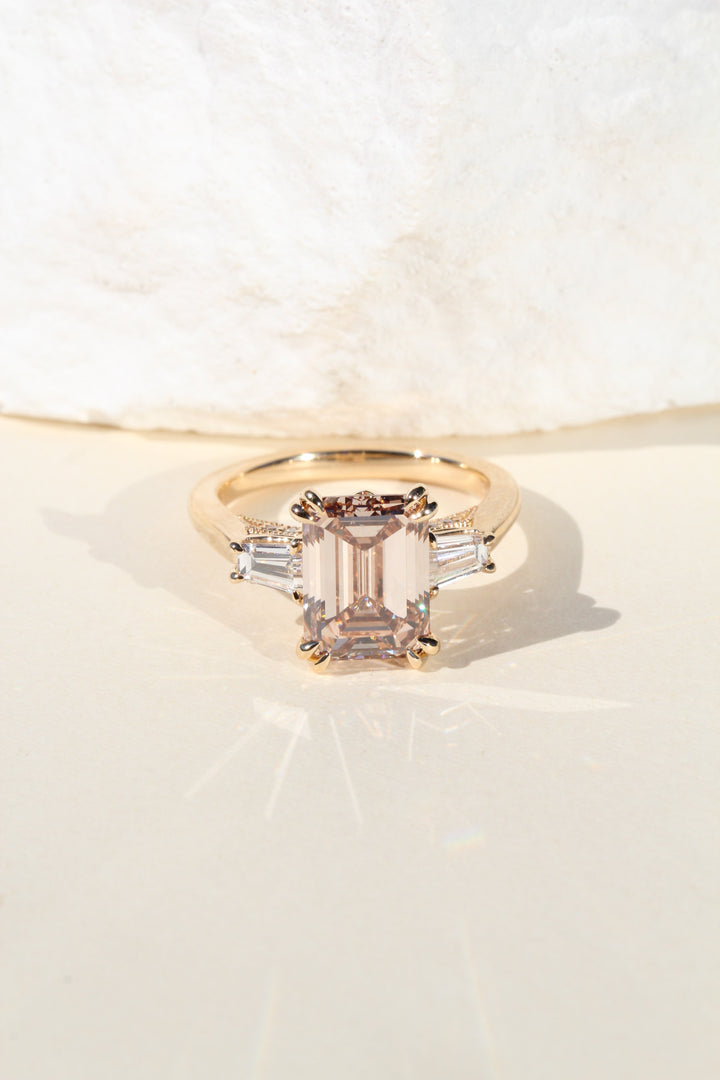 3.64 Champagne Emerald Cut Lab Diamond Vintage Amsterdam 3 Stone