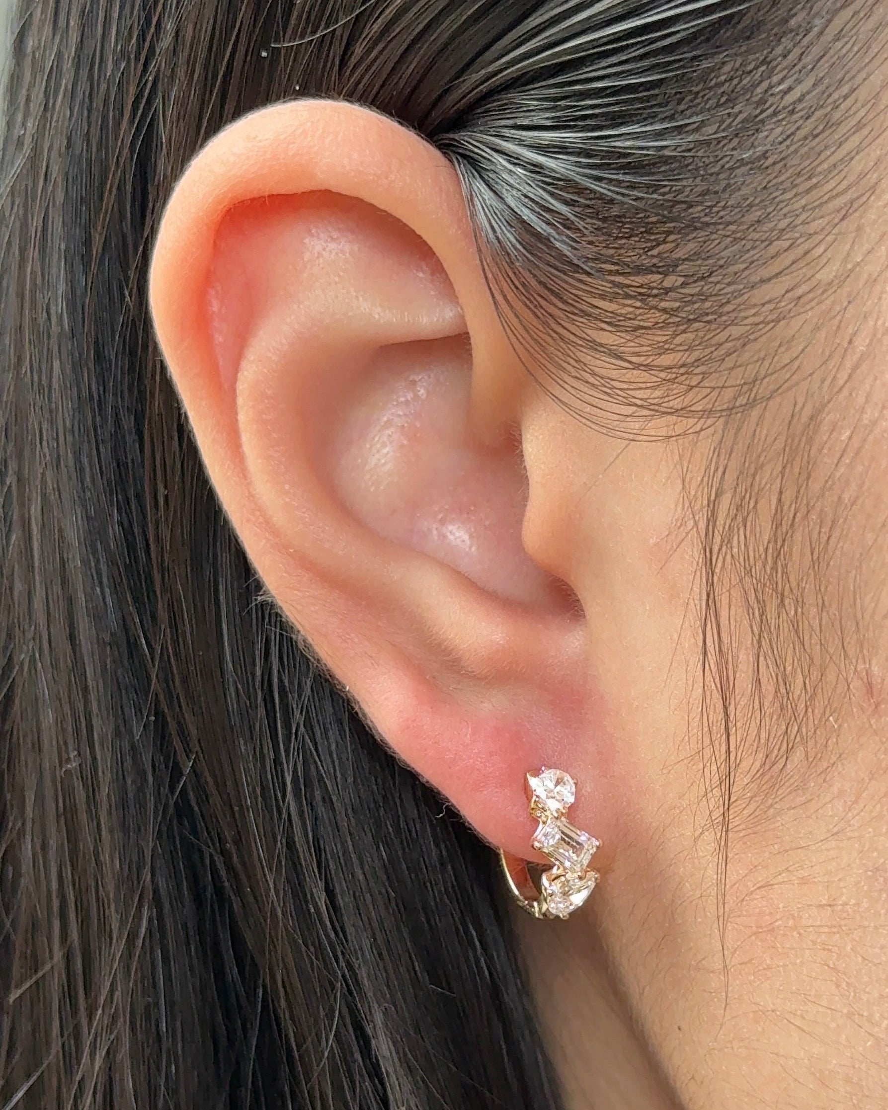 Emerald and Mixed Fancy cut Diamond Hoop Earrings Yellow Gold