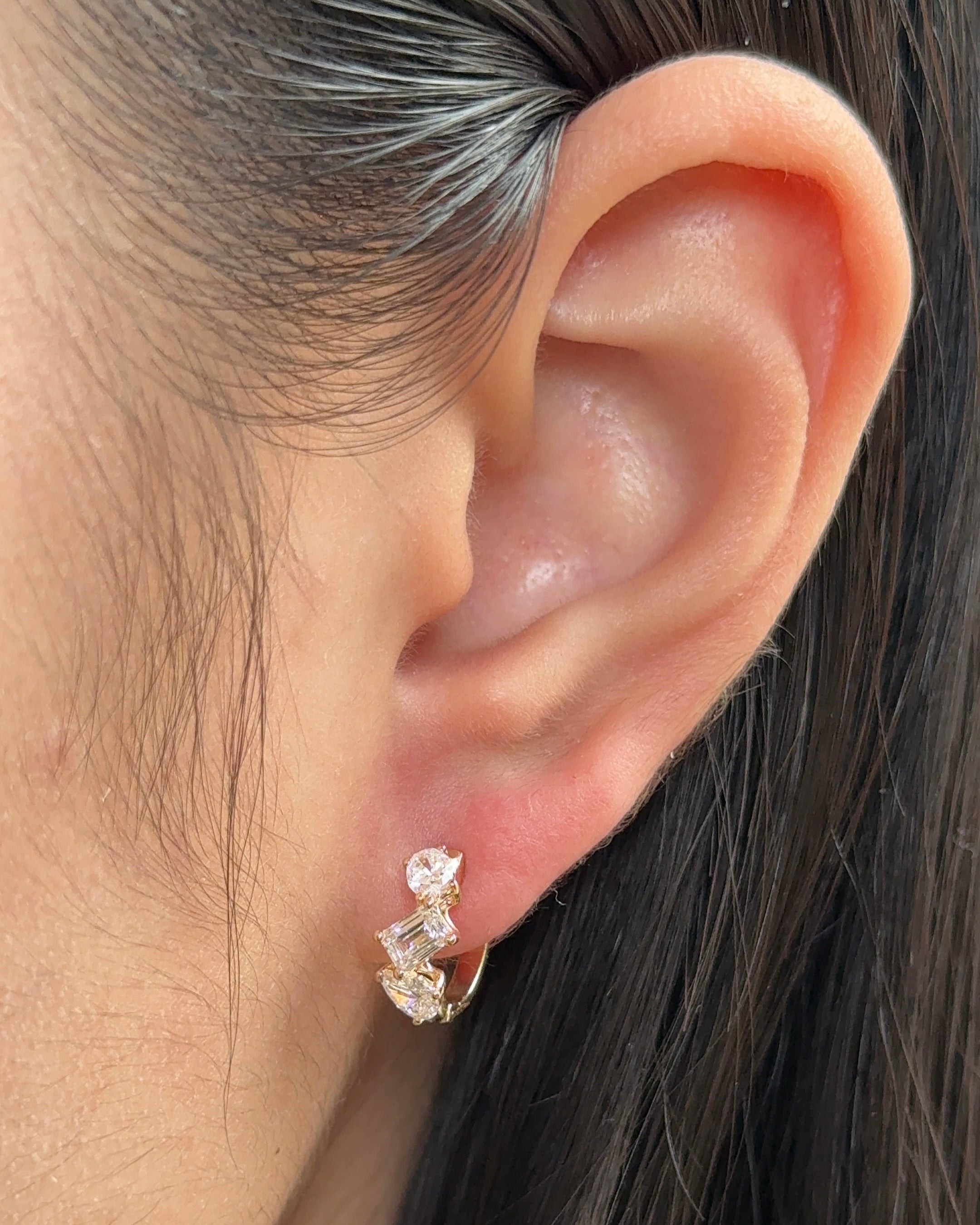 Emerald and Mixed Fancy cut Diamond Hoop Earrings Yellow Gold