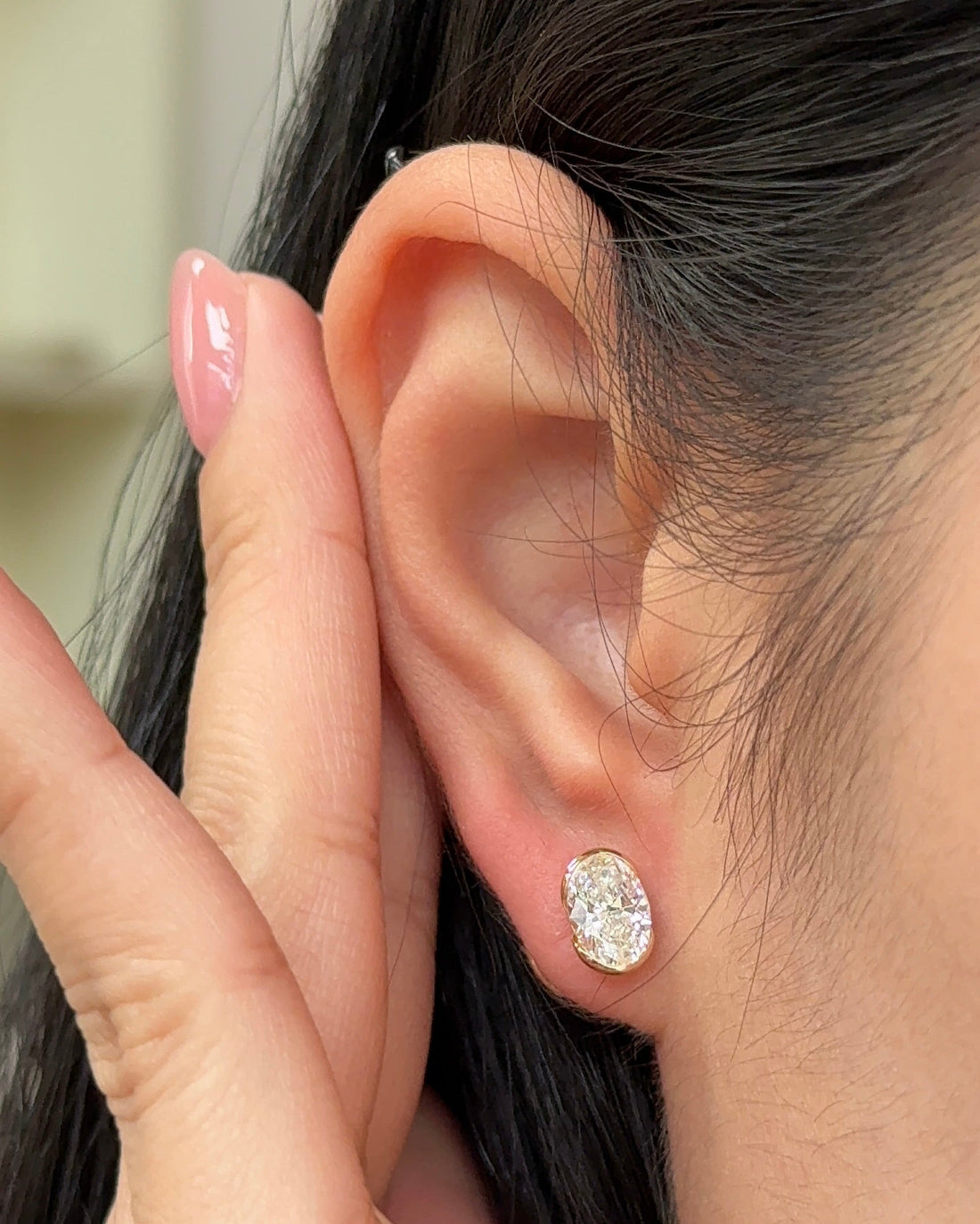 1 Carat Oval Diamond Stud Earrings in Bezel Arc Setting (with Comfort Fit Backing)