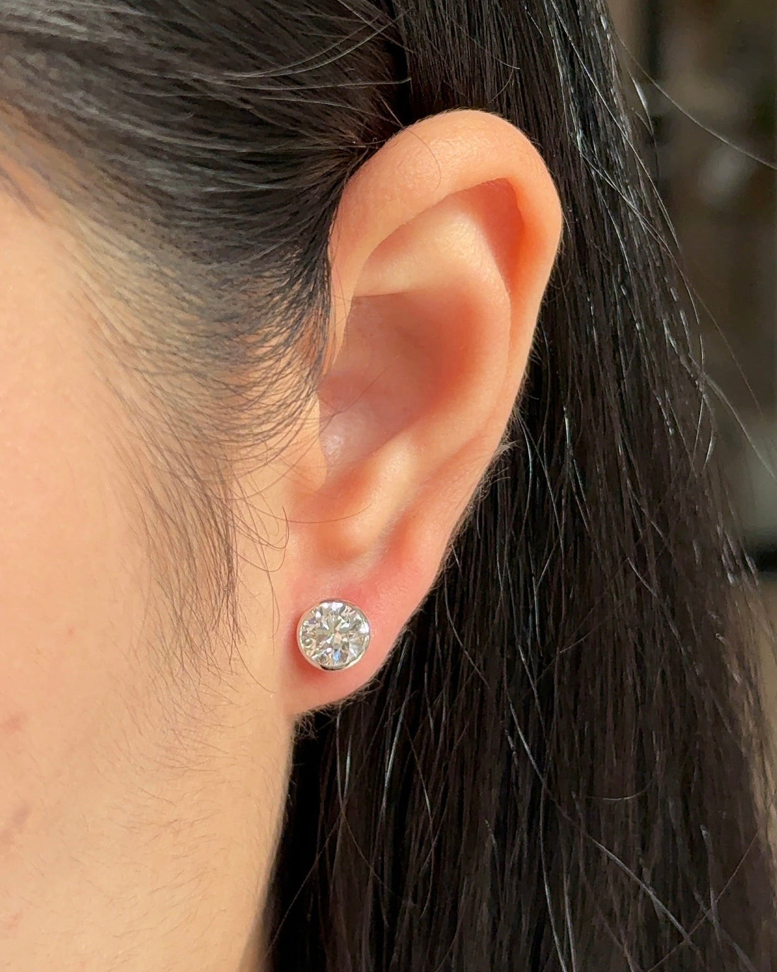 1 Carat Round Diamond Stud Earrings in Bezel Petite Setting (with Comfort Fit Backing)