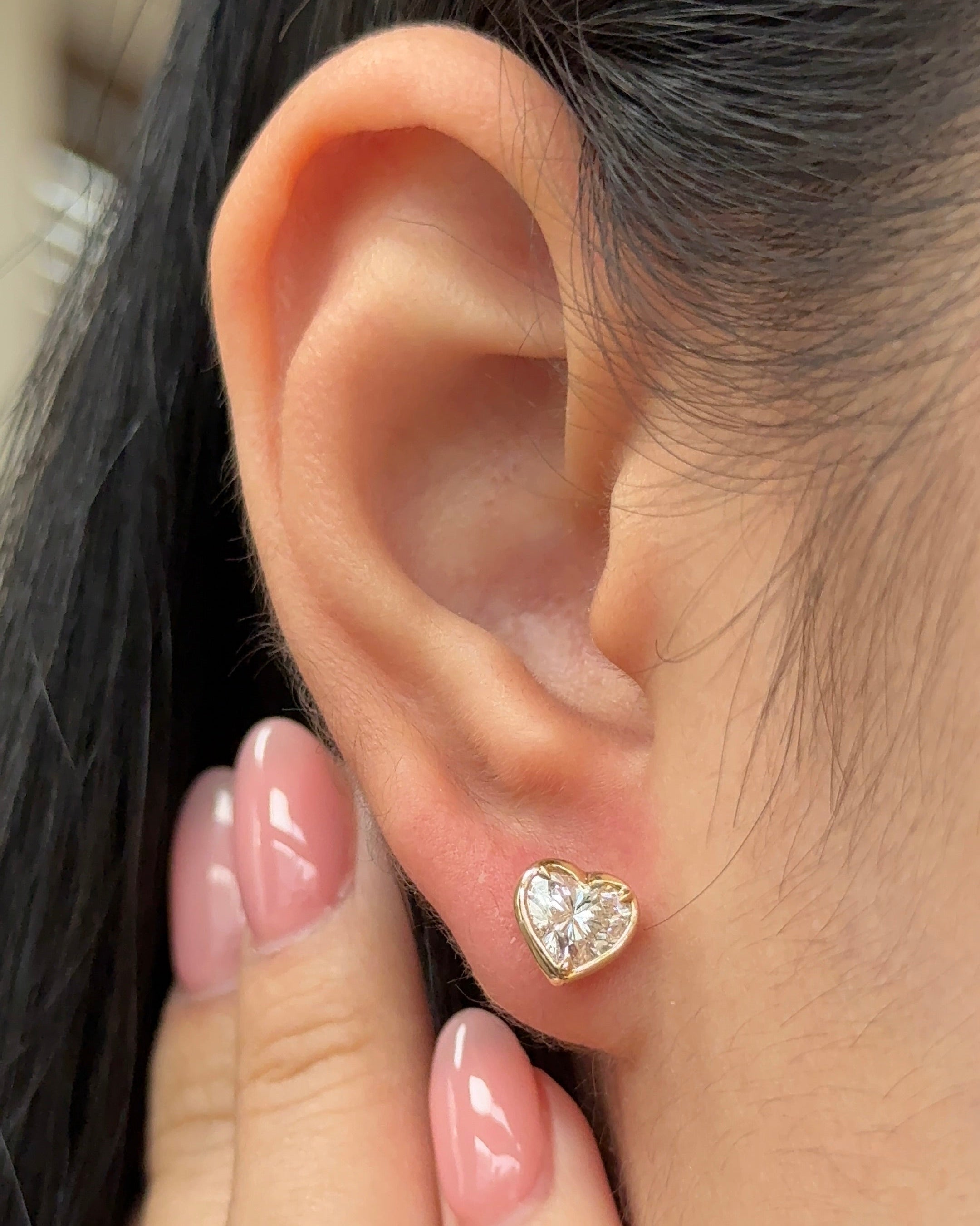 70 Pointer Heart Diamond Stud Earrings in Bezel XL Setting (with Comfort Fit Backing)