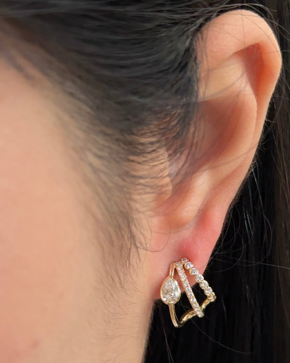 30 Pointer Pear cut Diamond Arc Triple Bezel Flow Cuff Earrings (Design I)