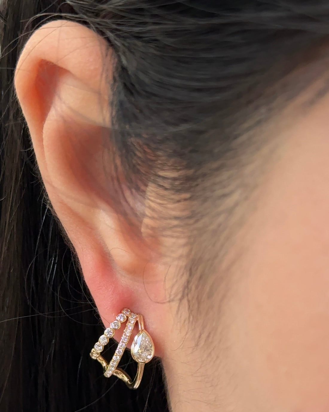 30 Pointer Pear cut Diamond Arc Triple Bezel Flow Cuff Earrings (Design I)