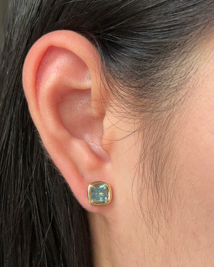 ALMAFI Button Earrings 1 carats Emerald cut Natural Santa Maria Aquamarine Earrings