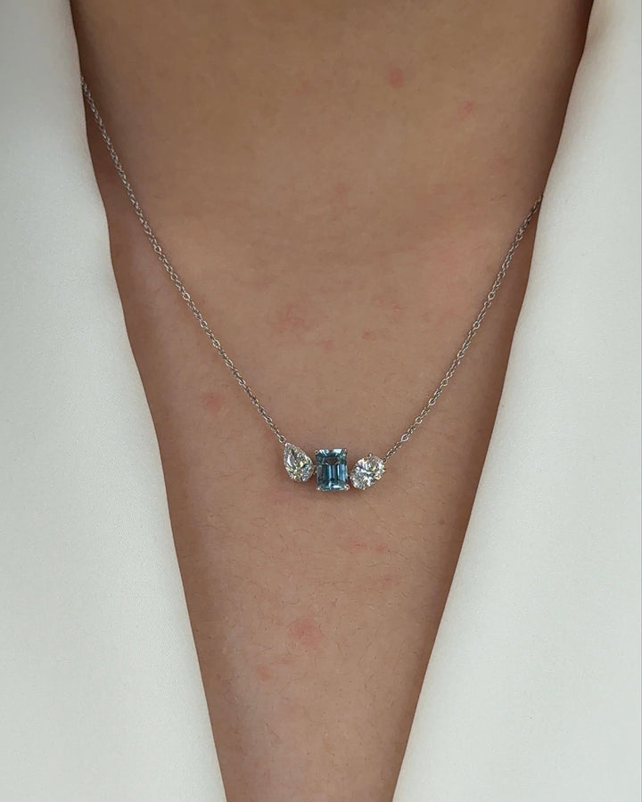 MILOS 80 Pointer Emerald cut Natural Santa Maria Aquamarine and Mixed Fancy Diamond Three Stones Pendant Necklace