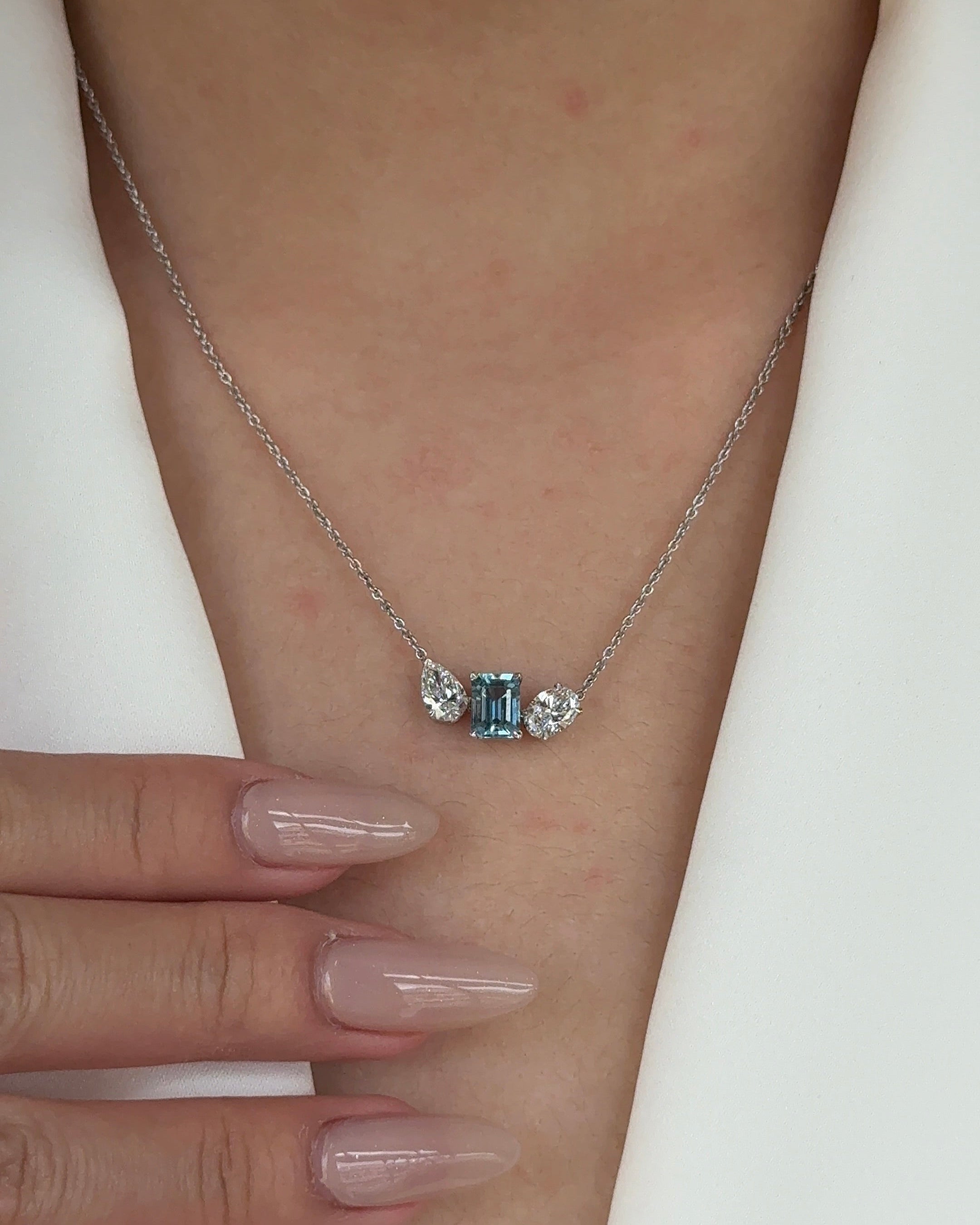 MILOS 80 Pointer Emerald cut Natural Santa Maria Aquamarine and Mixed Fancy Diamond Three Stones Pendant Necklace