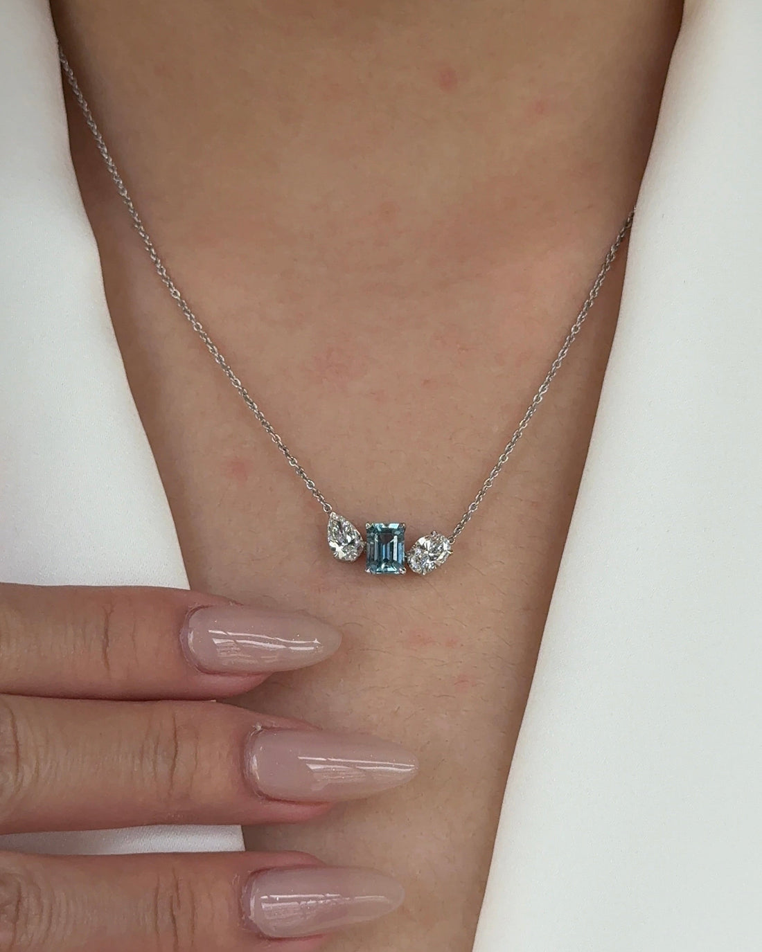 MILOS 80 Pointer Emerald cut Natural Santa Maria Aquamarine and Mixed Fancy Diamond Three Stones Pendant Necklace