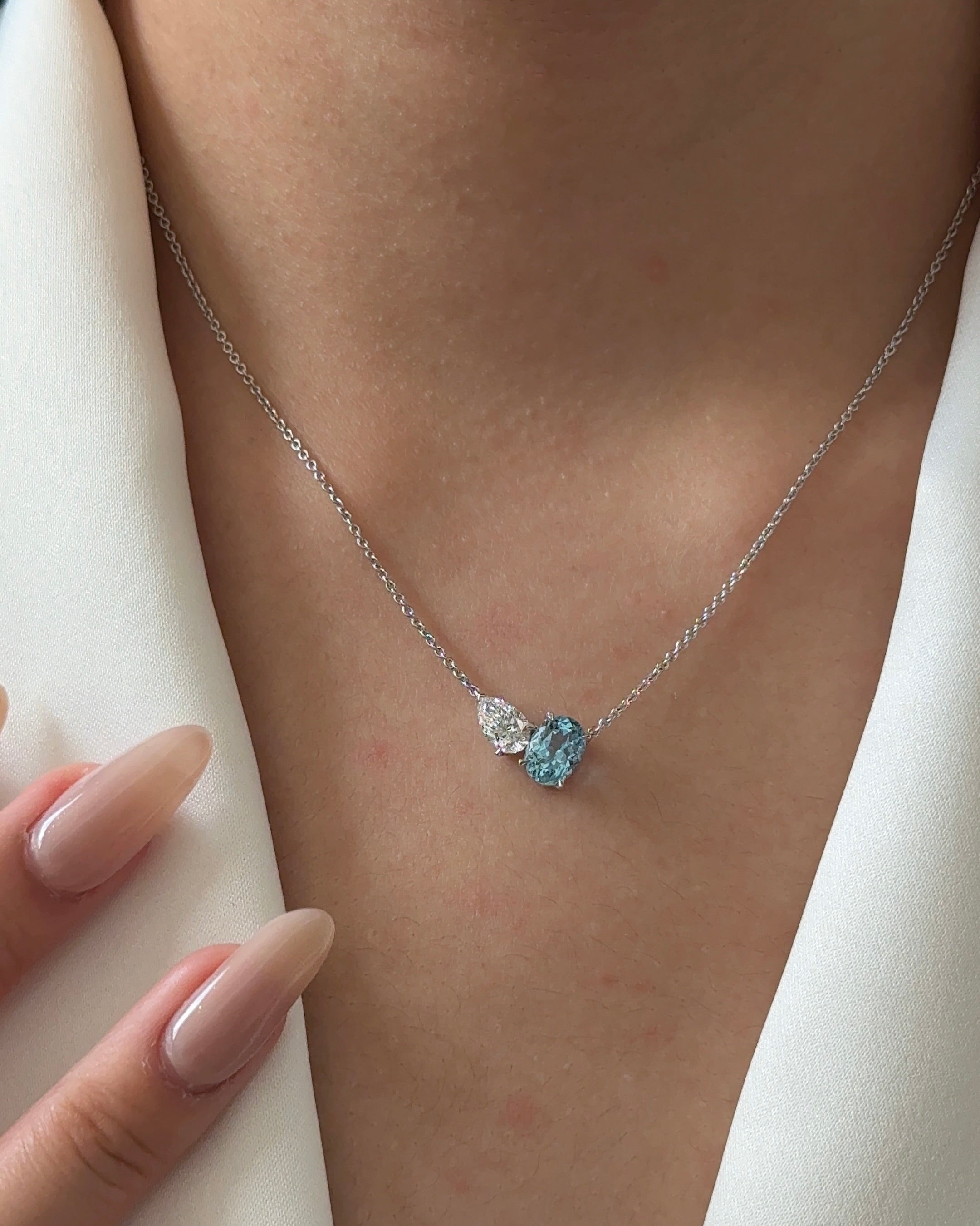 SEYCHELLES 1.2 carats Oval cut Natural Santa Maria Aquamarine and 50 Pointer Pear cut Diamond Pendant Necklace