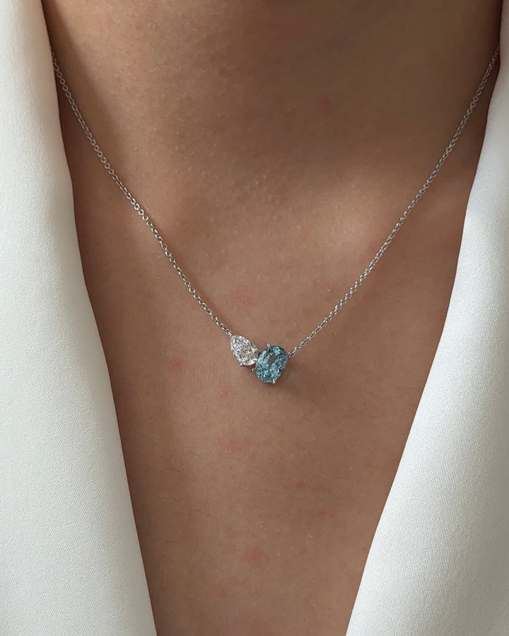 SEYCHELLES 1.2 carats Oval cut Natural Santa Maria Aquamarine and 50 Pointer Pear cut Diamond Pendant Necklace