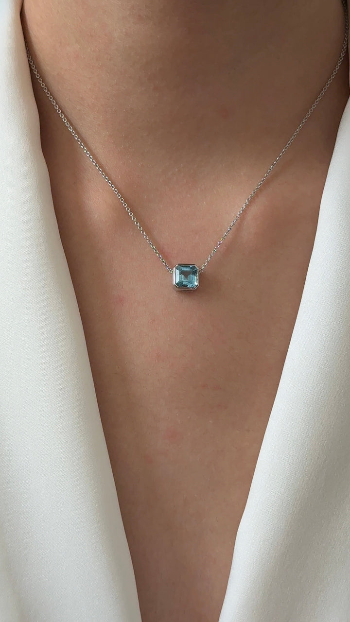 1 carats Asscher cut Natural Santa Maria Aquamarine Bezel Pendant Necklace