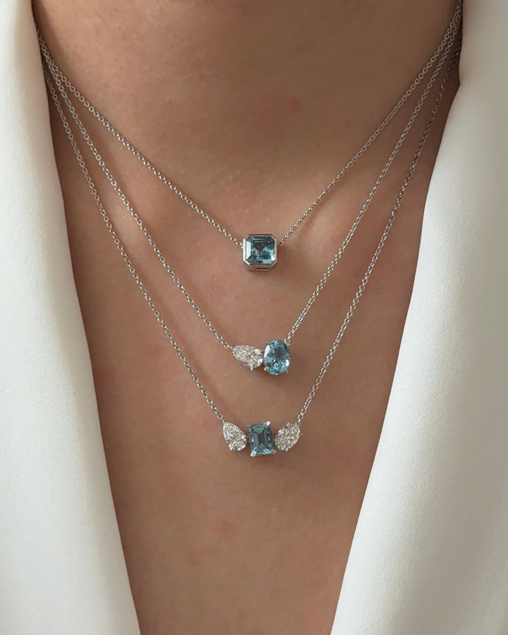 MILOS 80 Pointer Emerald cut Natural Santa Maria Aquamarine and Mixed Fancy Diamond Three Stones Pendant Necklace