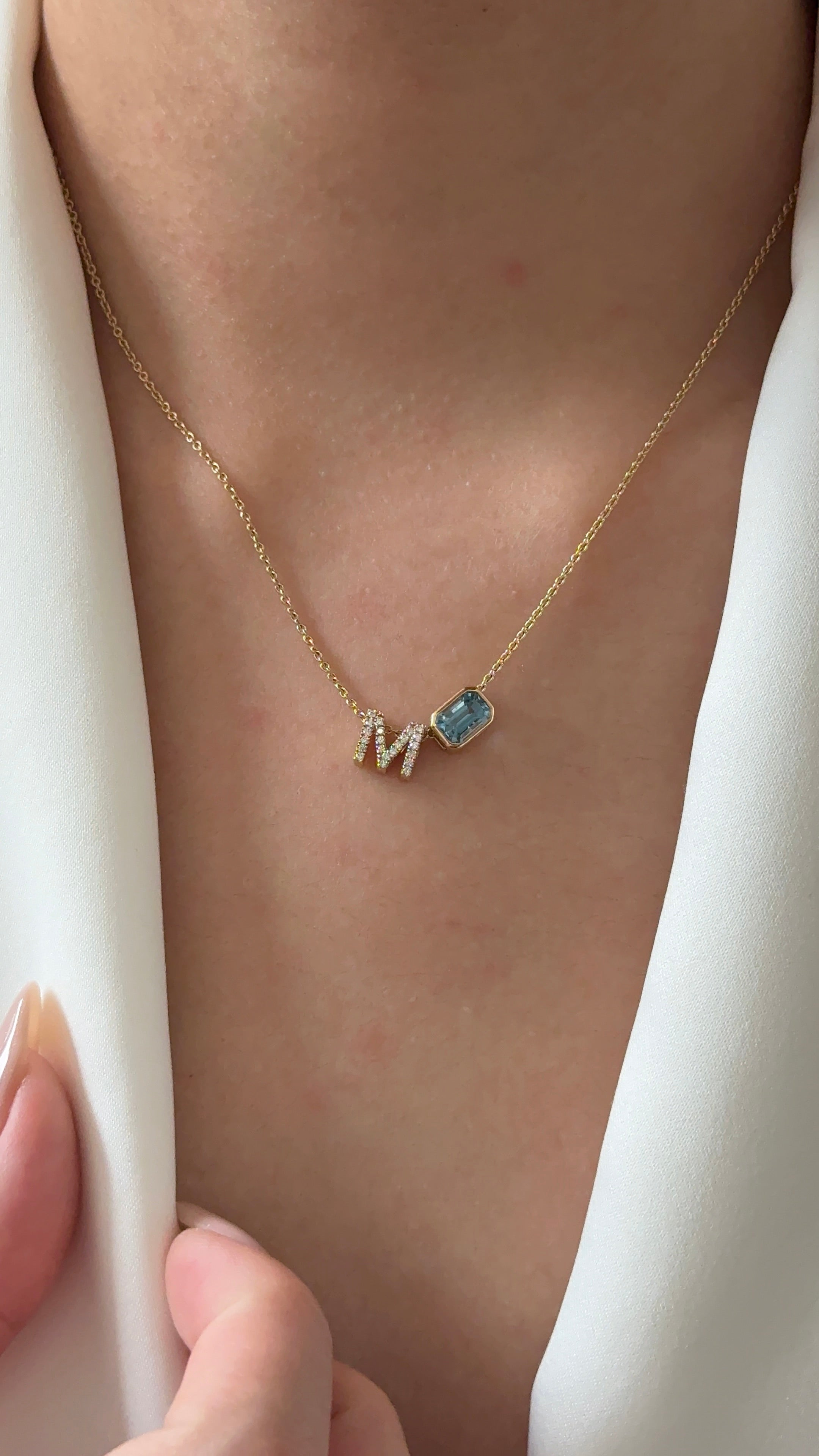 80 Pointer Emerald cut Natural Santa Maria Aquamarine with M Alphabet Diamond  Pendant Necklace