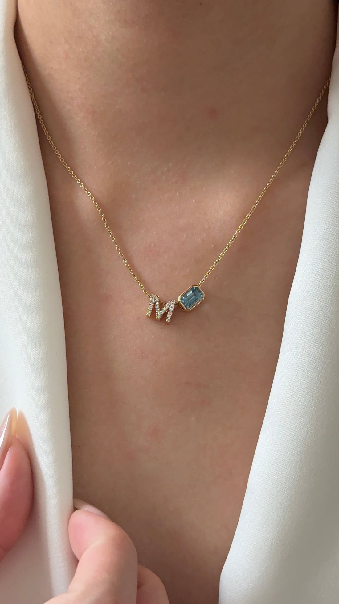80 Pointer Emerald cut Natural Santa Maria Aquamarine with M Alphabet Diamond  Pendant Necklace