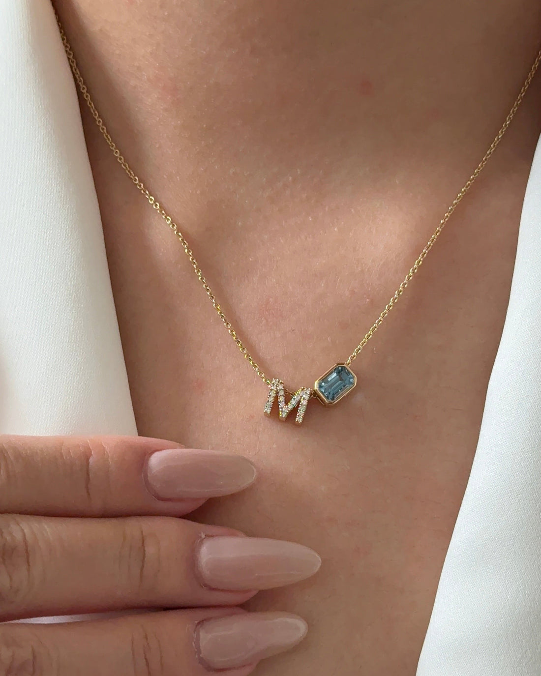 80 Pointer Emerald cut Natural Santa Maria Aquamarine with M Alphabet Diamond  Pendant Necklace