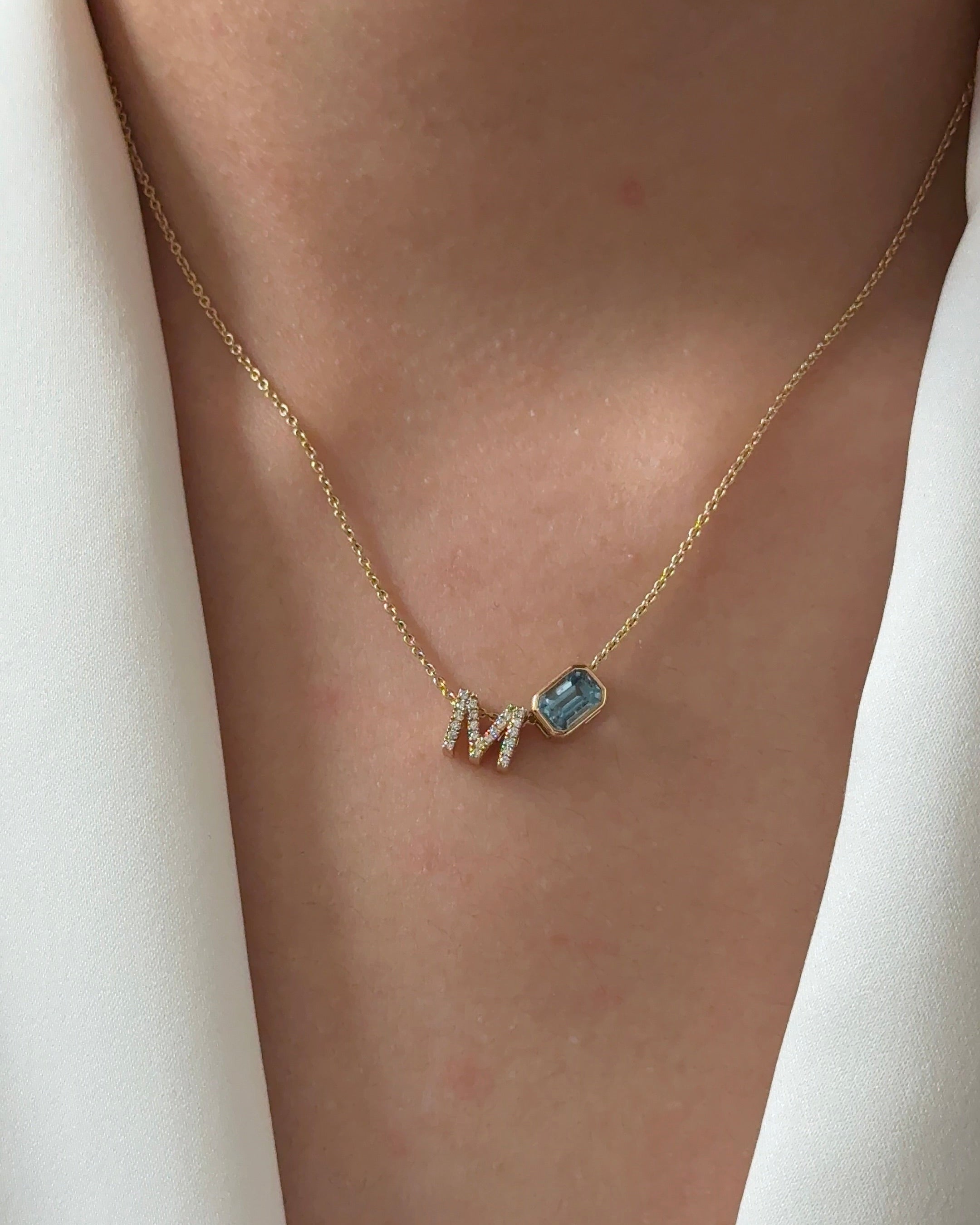 80 Pointer Emerald cut Natural Santa Maria Aquamarine with M Alphabet Diamond  Pendant Necklace