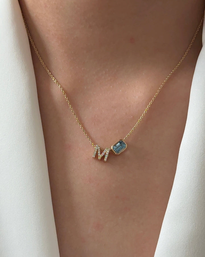 80 Pointer Emerald cut Natural Santa Maria Aquamarine with M Alphabet Diamond  Pendant Necklace