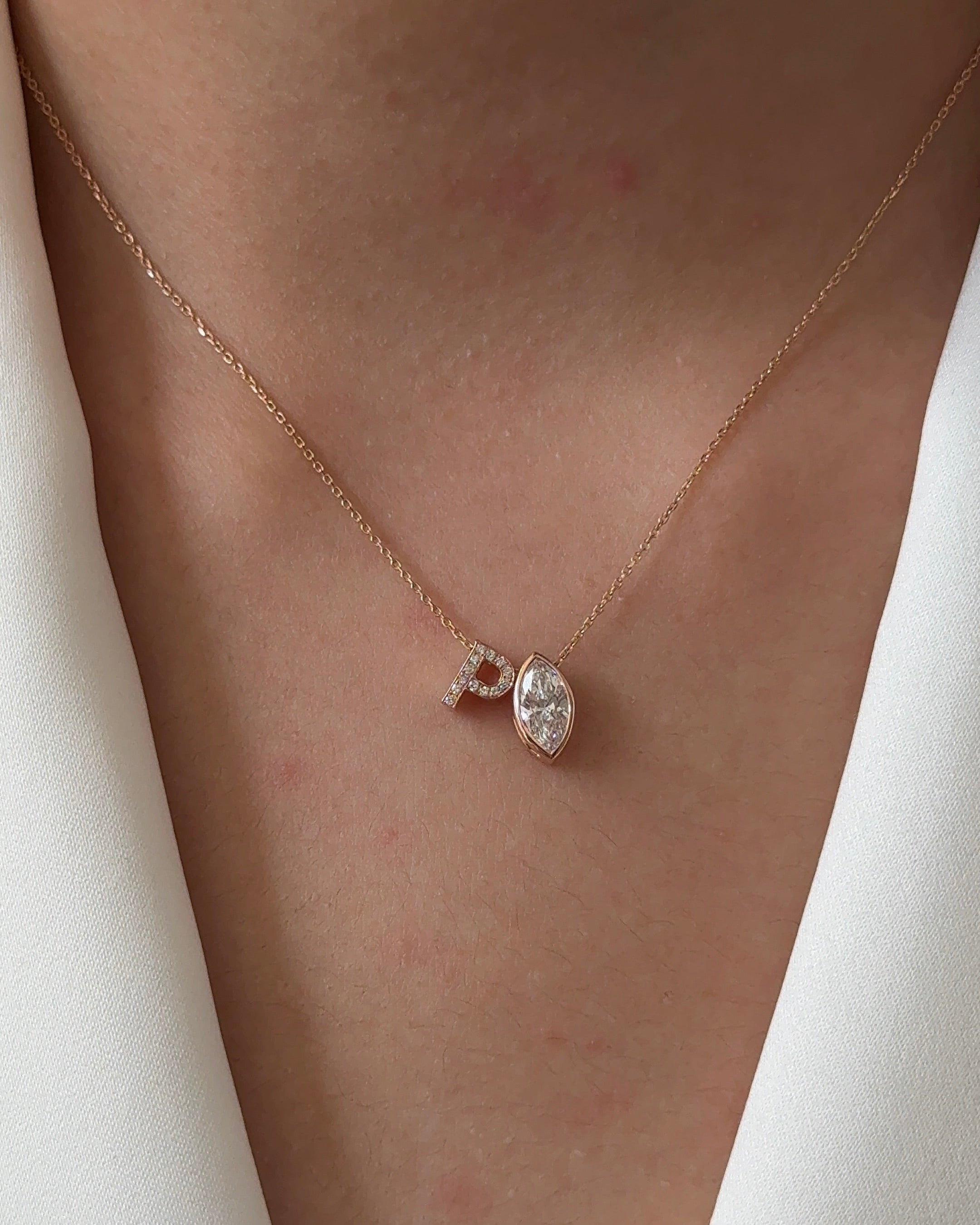 60 Pointer Marquise cut Diamond Yellow Gold Bezel with P Alphabet Diamond Pendant Necklace
