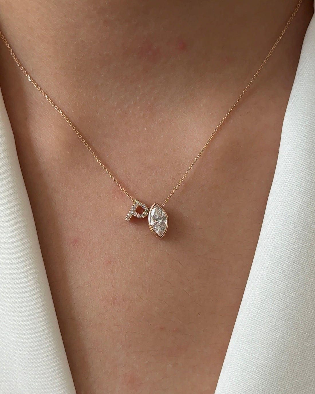60 Pointer Marquise cut Diamond Yellow Gold Bezel with P Alphabet Diamond Pendant Necklace