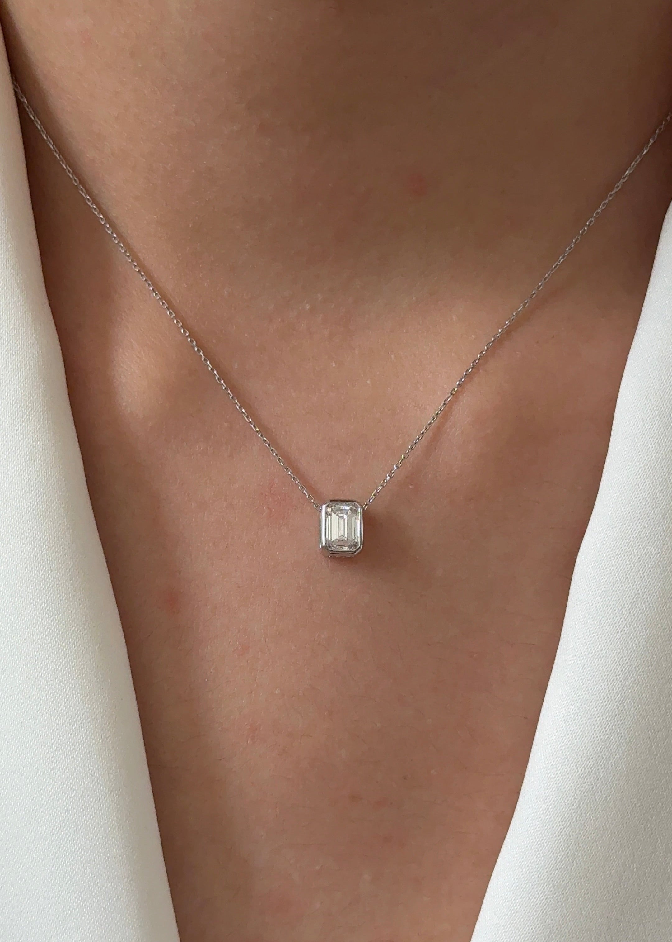 70 Pointer Emerald cut Diamond White Gold Bezel Pendant Necklace