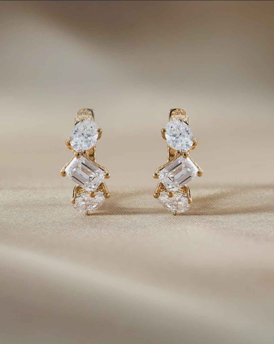 Emerald and Mixed Fancy cut Diamond Hoop Earrings Yellow Gold