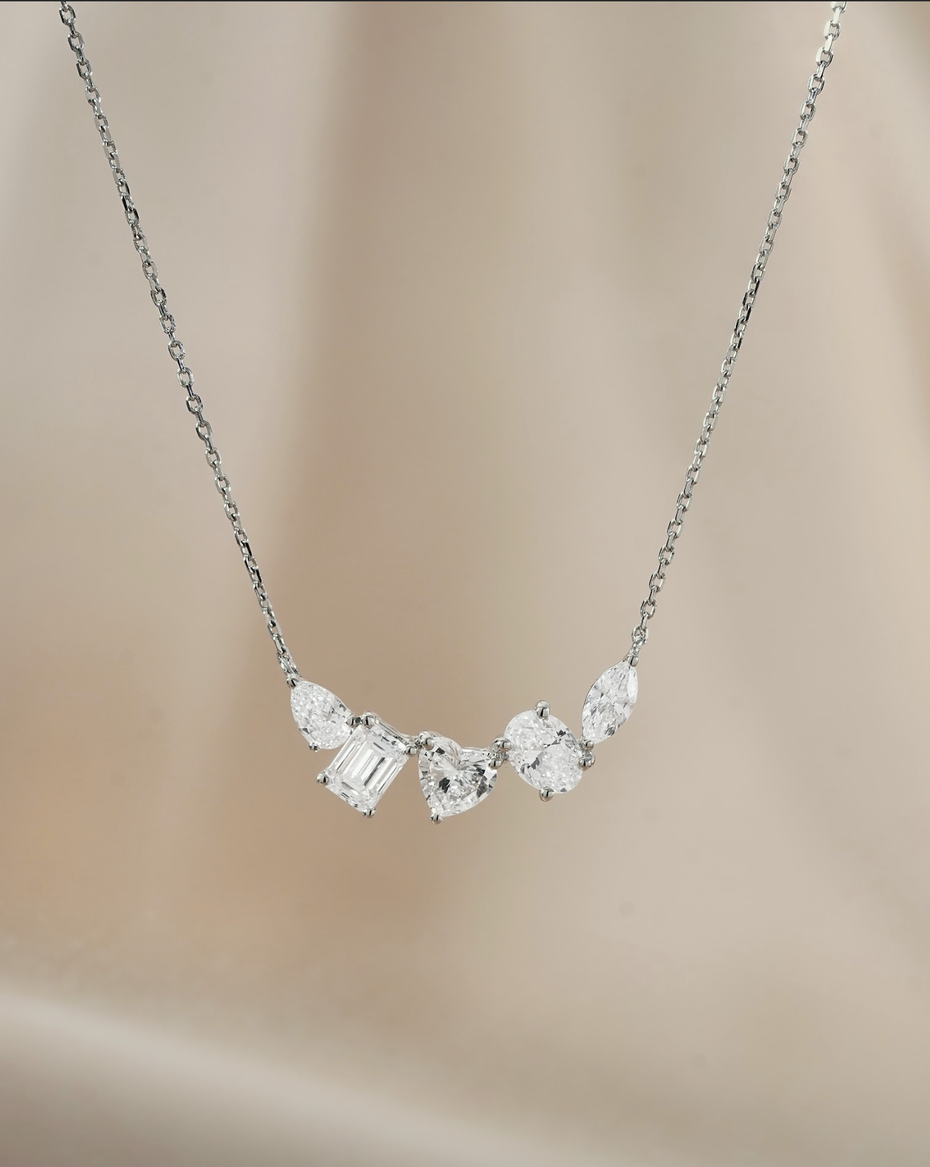 5 Stones Heart and Mixed Fancy cut Diamond Pendant Necklace