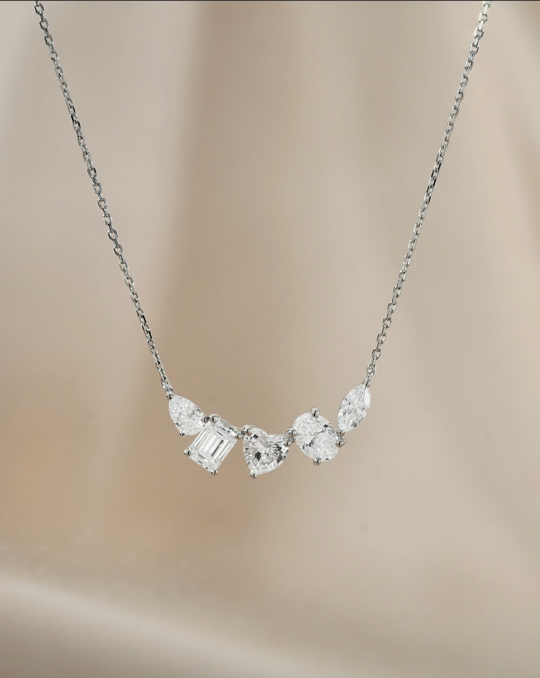 5 Stones Heart and Mixed Fancy cut Diamond Pendant Necklace