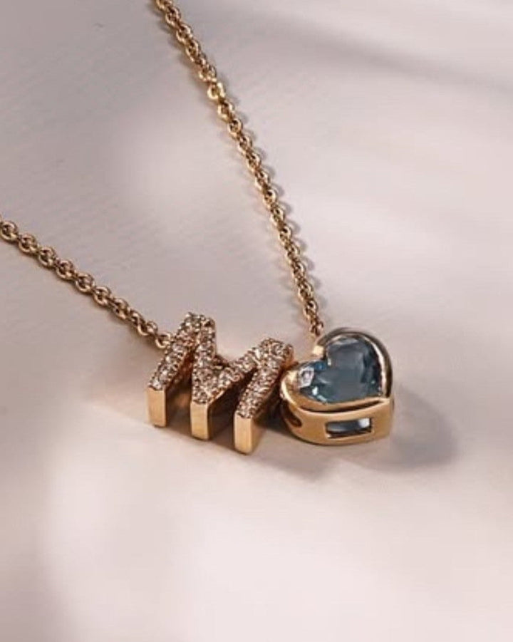 70 pointer Heart cut Natural Santa Maria Aquamarine Bezel with M Alphabet Pendant Necklace
